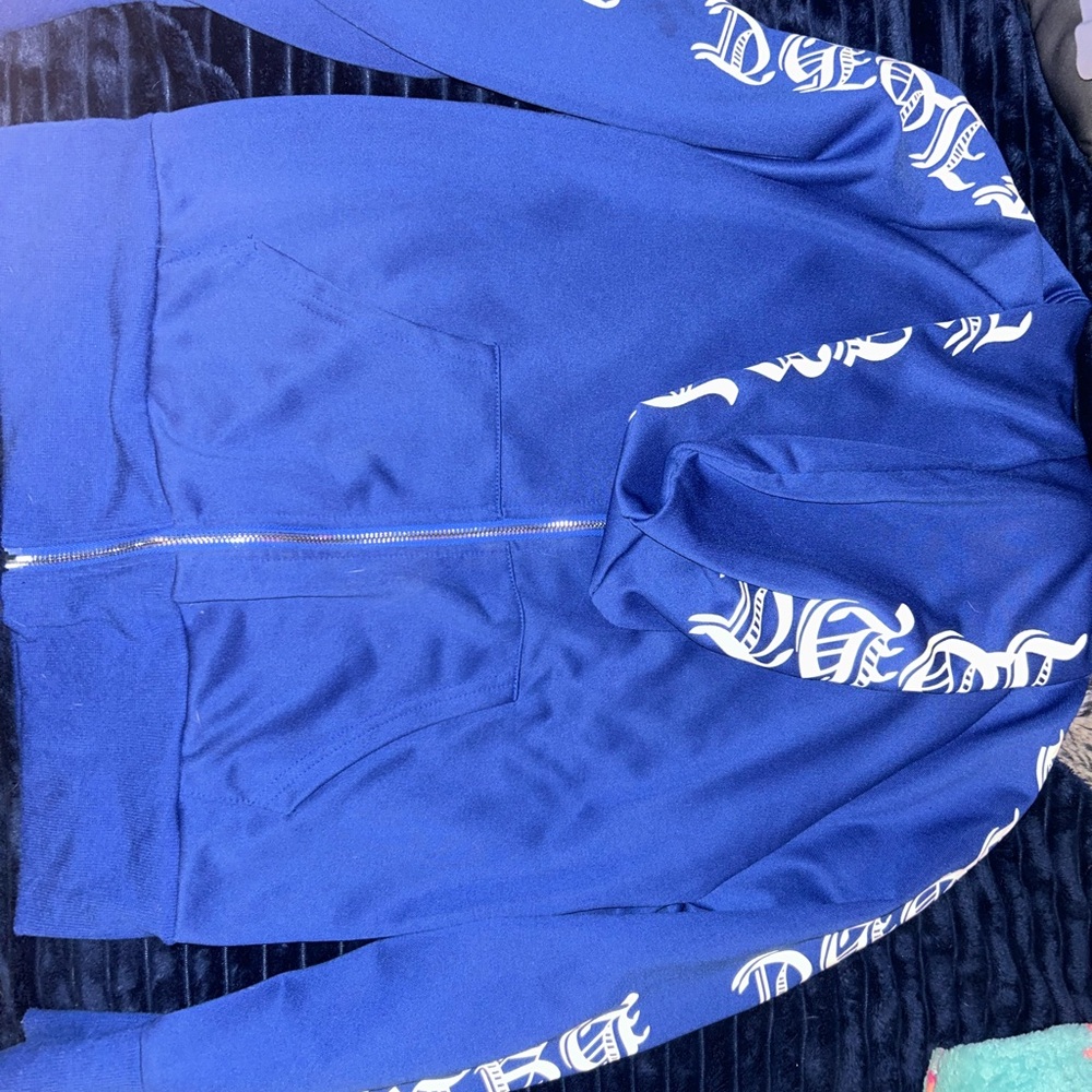 Blue Zip-Up Hoodie with White Lettering